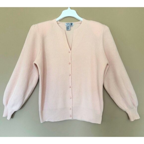 Vintage Pastel Pink Angora Lambswool Cardigan Sweater Women M Balloon Sleeve - Picture 1 of 7